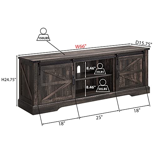 OKD Farmhouse TV Stand for 75 Inch TV with Sliding Barn Door, Rustic Wood Entertainment Center Large Media Console Cabinet Long Television Stands for 70 Inch TVs, Dark Rustic Oak