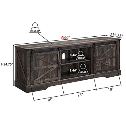 OKD Farmhouse TV Stand for 75 Inch TV with Sliding Barn Door, Rustic Wood Entertainment Center Large Media Console Cabinet Long Television Stands for 70 Inch TVs, Dark Rustic Oak