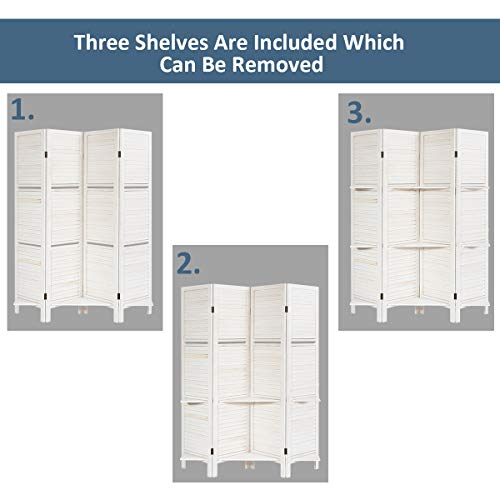 Giantex 4 Panel Room Divider with Shelve, Folding Privacy Screens, Wood Divider for Room Separation, 5.6 FT Foldable Wall Partition for Home Office Bedroom, White Giantex