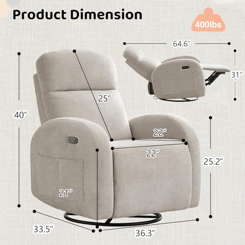 AEMEIOS Nursery Glider Recliner, Power Swivel Rocking Recliner with USB & Type-C Port, Swivel Nursering Reclining Rocker with Double Pockets for Living Room, Camel Chenille