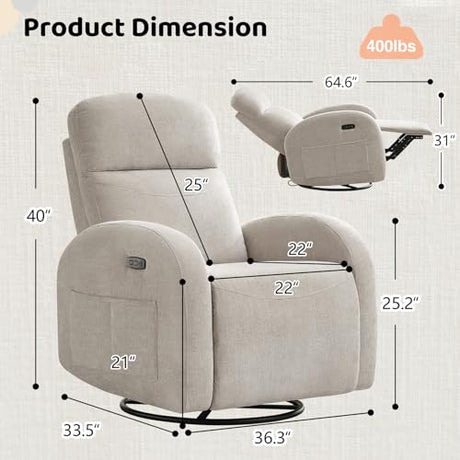 AEMEIOS Nursery Glider Recliner, Power Swivel Rocking Recliner with USB & Type-C Port, Swivel Nursering Reclining Rocker with Double Pockets for Living Room, Camel Chenille AEMEIOS