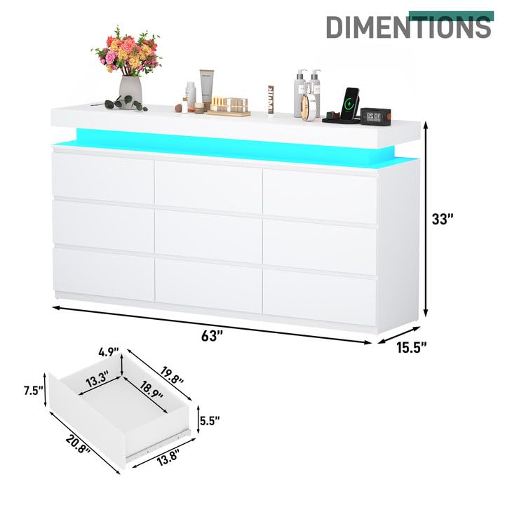 St.Mandyu 9 Drawer Dresser with Power Outlet, 63" Wide Dresser with LED Light, Modern Chest of Drawers for Closet, Double Drawer Organizer Cabinet for Bedroom, Living Room, White St.Mandyu