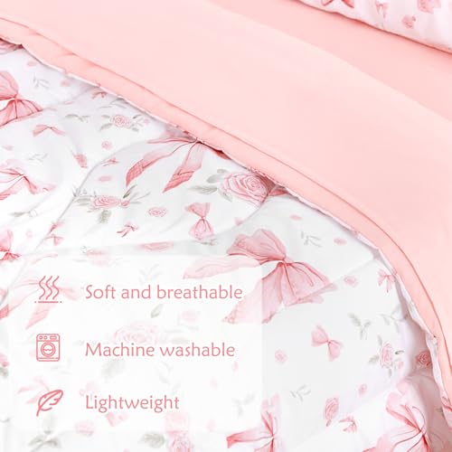 Jundetye Toddler Bedding Set for Girls 4 Pieces Pink Rose, Soft Breathable Toddler Comforter Set, Bow Flower Print, Includes Reversible Comforter, Fitted Sheet and Flat Sheet, Pillowcase Jundetye