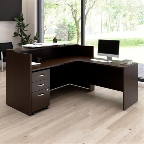 Bush Business Furniture Arrive 72W x 72D L Shaped Reception Desk with Counter and Mobile File Cabinet in Mocha Cherry Bush Furniture