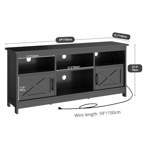 YITAHOME Farmhouse TV Stand with Power Outlet, LED Light Entertainment Center for TVs up to 65 Inch, TV Cabinet with Storage, Rustic Media Console for Living Room, 59" Black