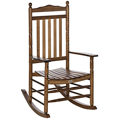 Outsunny Traditional Wooden High-Back Rocking Chair for Porch, Indoor/Outdoor, Brown Outsunny