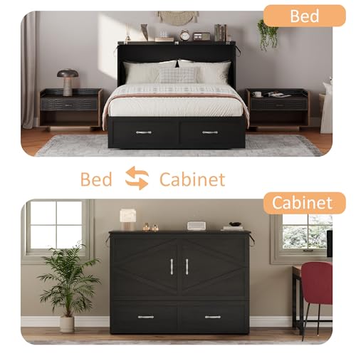 YANSNWO Full Size Murphy Bed with Storage, Farmhouse Murphy Bed Cabinet with Large Storage Drawer, Quiet Design, Foldable Platform Bed for Guest Bedroom, Home Office, Small Room, Distressed Black YANSNWO