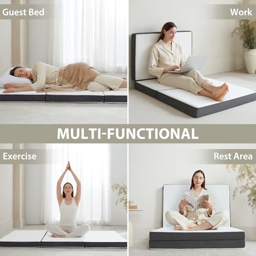 Tri Fold Memory Foam Foldable Mattress Single, 3 inch Folding Mattress for Guest Sleep. Portable Trifold Mat with Removable Washable Cover, Floor Sleeping Mat for Adult and Kid HUEIFY