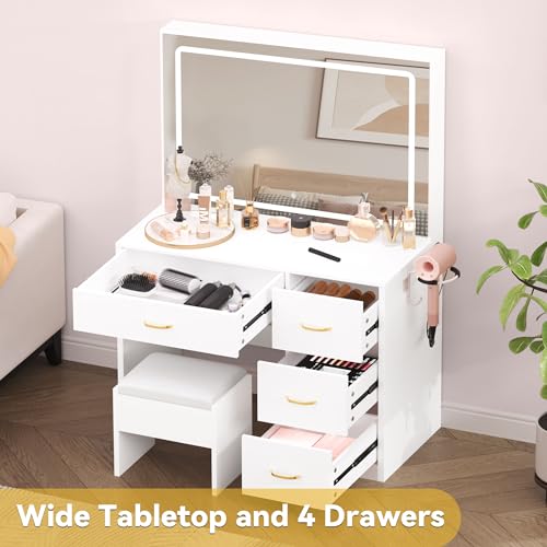 DWVO Makeup Vanity Desk with Large Lighted Mirror with Power Outlet and LED Strip, 3 Color Lighting Modes with Adjustable Brightness, 4 Drawer Vanity Table with Cushioned Stool, Milky-White DWVO