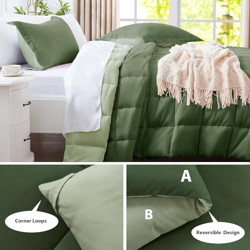 SunStyle Home King Size Comforter Set - 3 Pieces Box Stitched Reversible Comforters King Size, Lightweight Bedding Sets with 1 Down Alternative Comforter and 2 Pillow Shams for All Seasons,Green SunStyle Home