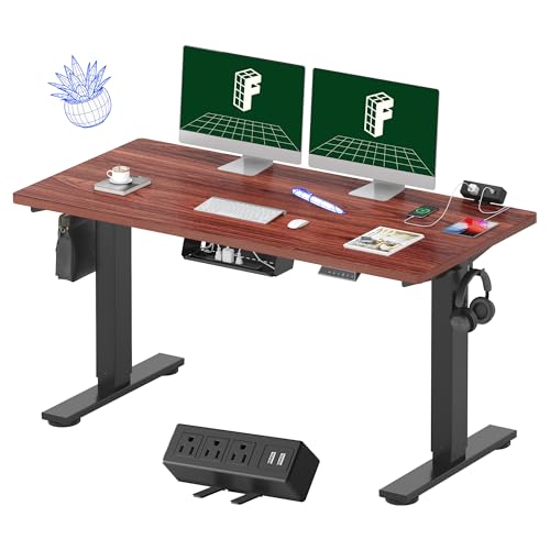 FLEXISPOT EN2 Whole-Piece Standing Desk with Clamp Power Strip, 55 x 28 Electric Stand Up Height Adjustable Desk with Cable Management (Black Frame + 55" Mahogany Top, 2 Packages) FLEXISPOT