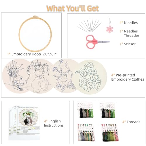 Mozzyyee 4pcs Cat Embroidery Kits for Beginners, DIY Adult Beginner Embroidery Sets with Instructions, 2 Plastic Embroidery Hoops,Scissor, Threads and Needles (Grey Cats)