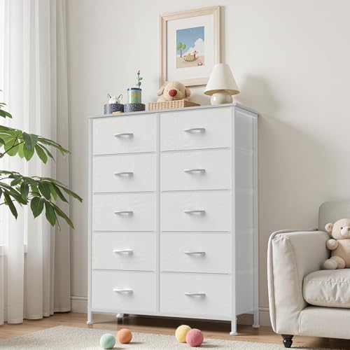Sweetcrispy 10 Drawer Fabric Dresser Storage Tower with Bins, Tall Chest Organizer for Bedroom Closet Hallway, Steel Frame Wood Top Easy Pull Handles,White Sweetcrispy