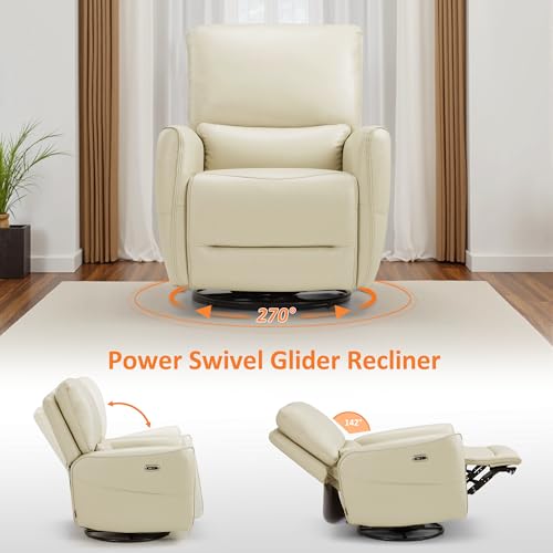MCombo Power Swivel Rocker Recliner with Lumbar Support, Faux Leather Electric Nursery Glider Recliner Chair for Adults, 6922 (Cream White)