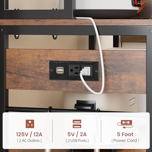 Itaar 47.2 Inch Rustic Brown Bakers Rack with Power Outlet & LED Light - Microwave Stand & Multi-Functional Coffee Bar Cabinet Itaar