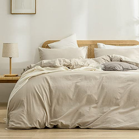 BESTOUCH Duvet Cover Set 100% Washed Cotton Linen Feel Super Soft Comfortable Chic Lightweight 2 PCs Home Bedding Set Solid Almond Milk Grey Twin/Twin XL BESTOUCH