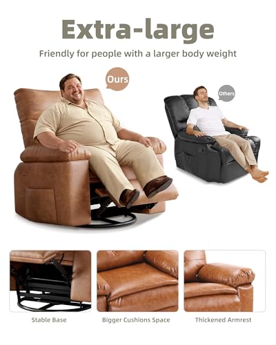 GarveeHome Leather Recliner Chair - Heat and Massage, Swivel Rocker Manual Recliner for Adults, Lazy Rocking Chair with Comfort Arms and Back Single Sofa for Living Room
