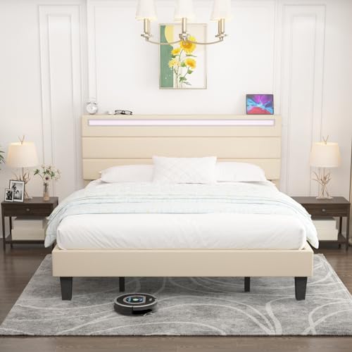 Benevika King Size Upholstered LED Bed Frame with Integrated USB Ports and Sturdy Wooden Slats - Beige Benevika