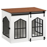 MAHANCRIS Dog Crate Furniture, 31.5" Farmhouse Dog Kennel with Sliding Barn Door, Wooden Dog Cage for Small Medium Dogs, Decorative Pet House Side End Table, Chew-Resistant, White and Walnut DCBA9601 MAHANCRIS