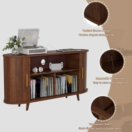 YKVIQBY Large Round Record Player Stand with Charging Station & USB Ports，Record Storage Cabinet for Bedroom (Walnut, 55in) YKVIQBY