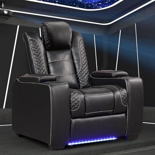 ANJ Power Home Theater Seating Recliner Chairs, PU Leather Recliner with Cup Holders, Electric Movie Theater Reclining Chairs with Adjustable Powered Headrest, LED Lights, Hidden Arm Storage (Black)