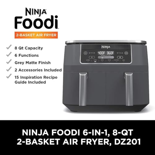 Ninja DZ201 Foodi 8 Quart 6-in-1 DualZone 2-Basket Air Fryer with 2 Independent Frying Baskets, Match Cook & Smart Finish to Roast, Broil, Dehydrate & More for Quick, Easy Meals, Grey Ninja