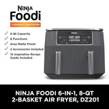 Ninja DZ201 Foodi 8 Quart 6-in-1 DualZone 2-Basket Air Fryer with 2 Independent Frying Baskets, Match Cook & Smart Finish to Roast, Broil, Dehydrate & More for Quick, Easy Meals, Grey Ninja