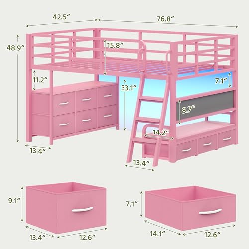 Dnxao Low Twin Loft Bed with Desk,9 Storage Drawers,Kids Loft Bed with 15.8" H Safety Guardrail,Twin Bed Frames for Kids with LED Lights and Charging Station,Under-Bed Play Space,Pink Dnxao
