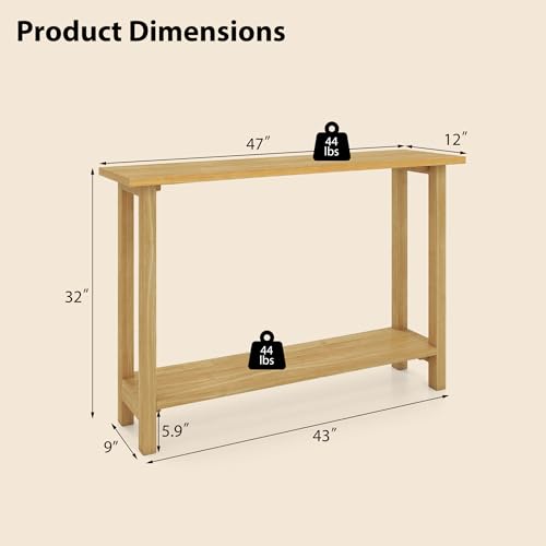 GOFLAME Solid Wood Entryway Table, 47” Console Table with Storage Shelf, Curved Tabletop, Teak Wood, Farmhouse, 2-Tier Rustic Behind Couch Sofa Tables Narrow Long for Living Room, Hallway, Natural GOFLAME