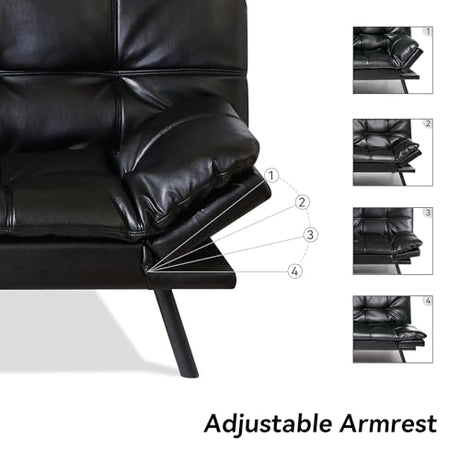 AMICLIBER 71" Convertible Futon Sofa Bed,Bright Black Faux Leather Futon Couch,Memory Foam Reclining Sleeper Sofa Bed,Modern Folding Small Loveseat Couches for Living Room,Office,Apartment AMICLIBER