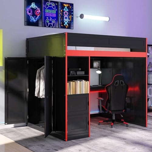 SOFTSEA Full Size Gaming Loft Bed with Desk & Storage Stairs, Solid Wood Loft Bed with LED Lights, Wardrobe and Shelves, Space-Saving Gaming Bed for Kids Teens Adults, Black + Red SOFTSEA