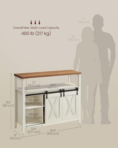 VASAGLE Buffet Cabinet, Coffee Bar Storage Cabinet, Sideboard with 2 Sliding Barn Doors, Adjustable Shelves, 13 x 39.4 x 31.5 Inches, for Living Room, Rustic White and Honey Brown ULSC092W01 VASAGLE