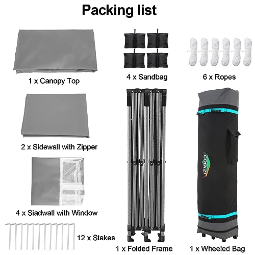 COBIZI 10x20 Pop up Canopy Tent 10x20 Canopy with 6 Sidewalls Waterproof Heavy Duty Commercial Tent for Parties Outdoor Garden Gazebo, Carry Bag with Wheel(10x20ft, Gray) COBIZI