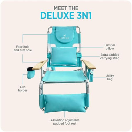 Ostrich the Deluxe 3N1 Lightweight Lawn Beach Reclining Lounge Chair with Footrest, Outdoor Furniture for Patio, Balcony, Backyard, or Porch, Aqua Ostrich