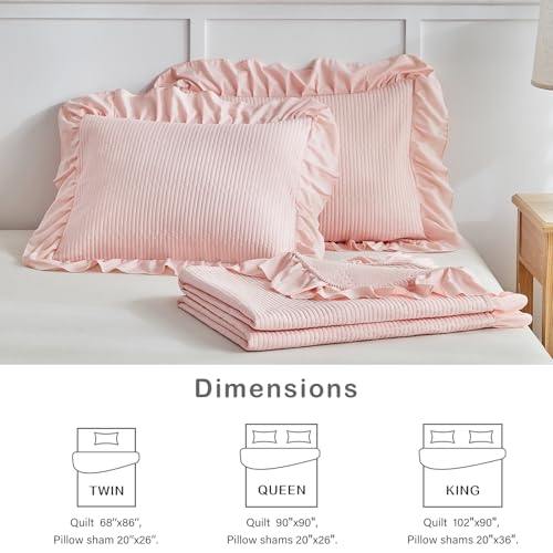 Flysheep Pink Ruffle Quilt Set Twin Size, 2 Pieces Shabby Chic Farmhouse Striped Bedspread Coverlet Set, Solid Lightweight Soft Microfiber Bed Cover for Kids (1 Ruffled Quilt + 1 Pillow Sham) Flysheep