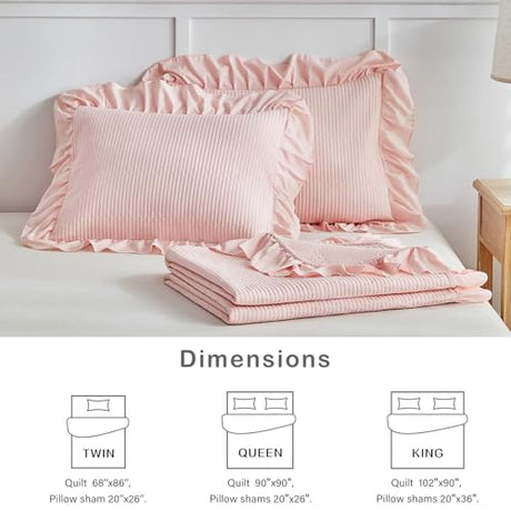 Flysheep Pink Ruffle Quilt Set Twin Size, 2 Pieces Shabby Chic Farmhouse Striped Bedspread Coverlet Set, Solid Lightweight Soft Microfiber Bed Cover for Kids (1 Ruffled Quilt + 1 Pillow Sham) Flysheep