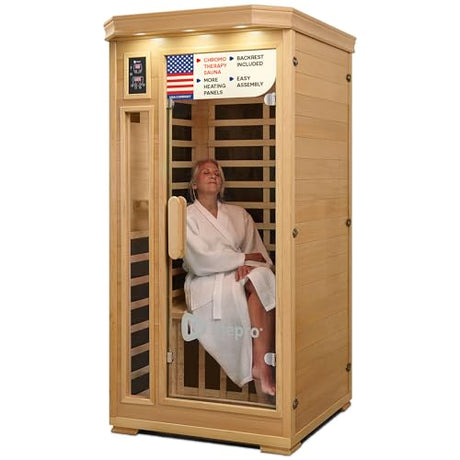 LifePro RejuvaCure 1 Person Far Infrared Sauna for Home - Tempered Glass Door, Oxygen Ionizer, & 7 Chromotherapy Lights for Indoor Sauna - Canadian Hemlock Wood Dry Sauna with Bluetooth Sound System LifePro