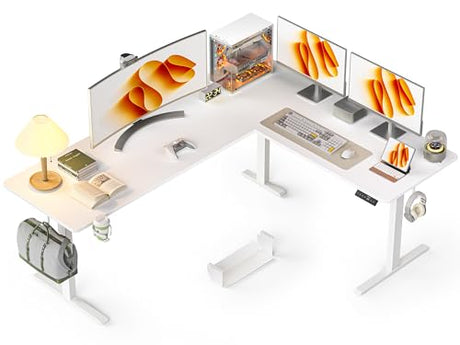 WALKINGDESK 75x61 Inches Reversible L Shaped Standing Desk Height Adjustable with Cup Holder, Electric Corner Computer Workstation for Home Office, Ergonomic Sit Stand up Gaming Desk, White WALKINGDESK