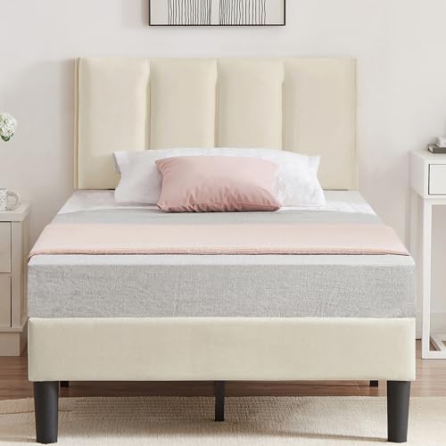 VECELO Twin Bed Frame with Upholstered Headboard, Platform Mattress Foundation with Strong Wooden Slats Support, No Boxing Spring Needed, Easy Assembly, Beige