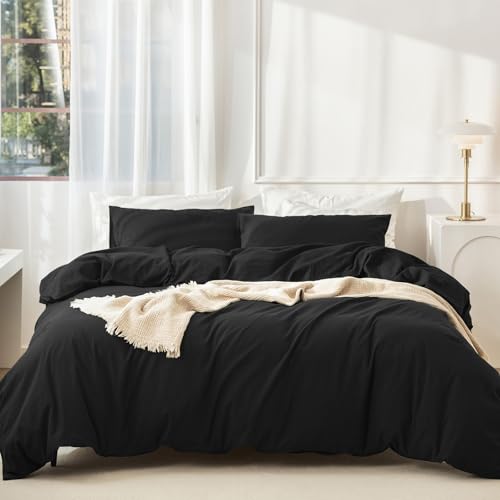 JIYUAN 100% Washed Cotton Duvet Cover Set 3 Pieces King, 1 Duvet Cover 104x90 Inches(Comforter Not Included) and 2 Pillowcases,Linen Feel Bedding Set Comfy and Breathable,Black JIYUAN