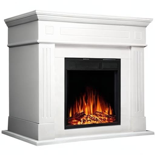 R.W.FLAME 43” Electric Fireplace Mantel Wooden Surround Firebox, TV Stand with Freestanding Electric Fireplace, Remote Control, Adjustable Led Flame, 750W/1500W Pearl White