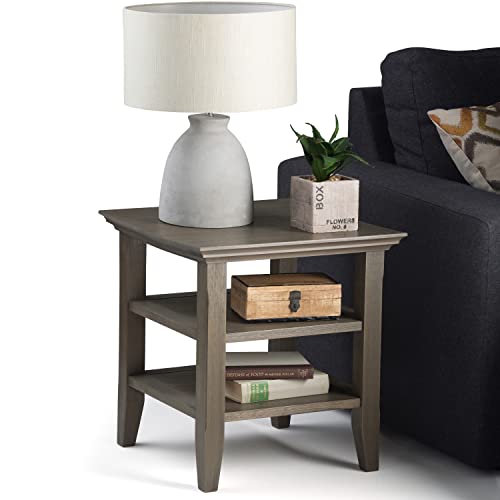 SIMPLIHOME Acadian SOLID WOOD 19 inch wide Square Rustic Contemporary End Side Table in Farmhouse Grey with Storage, 2 Shelves, for the Living Room SIMPLIHOME