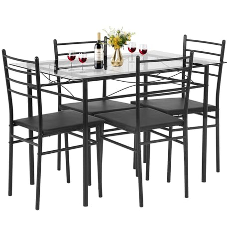 FDW Classic Dining Table Set 5 Piece,Metal Frame Glass Top Table and 4 Rectangular Modern Chairs Set,Suitable Small Space Kitchen Table Set for 4,Black FDW