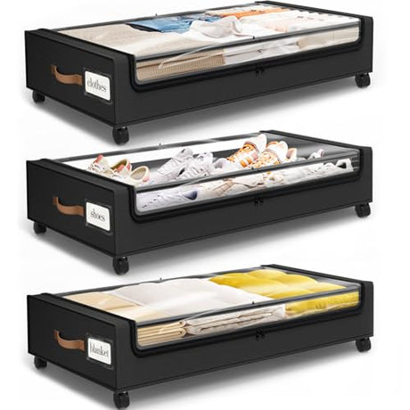 SpaceHacks Under Bed Storage with Wheels 3Pack Storage Containers with Clear Window&Label Under Bed Drawers Rolling Under Bed Storage for Clothes,Shoes, Blankets (30.71 x 16.93 x 6.69 in, Black) SpaceHacks