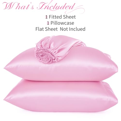 NSGZ 2 Pcs Satin Fitted Sheet and Pillowcase Set, Twin Silky Bottom Bedsheet Fit up to 15 Inch Deep Pocket Mattress, Pink Soft Satin Bedding Includes 1 Fitted Sheet and 1 Pillowcases NSGZ