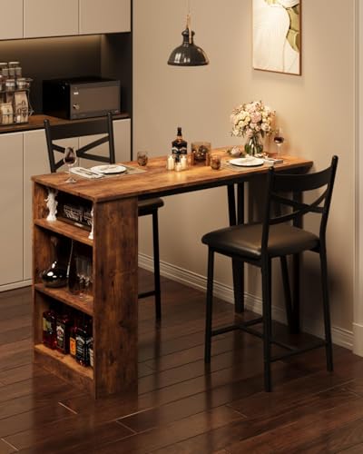 Garvee Bar Table and Chairs Set, 3 Piece Bar Table Set with with Flip Top Extension and Storage Shelves, Dining Table Set for 2, Suitable for Small Space Kitchen Apartment, Brown Garvee