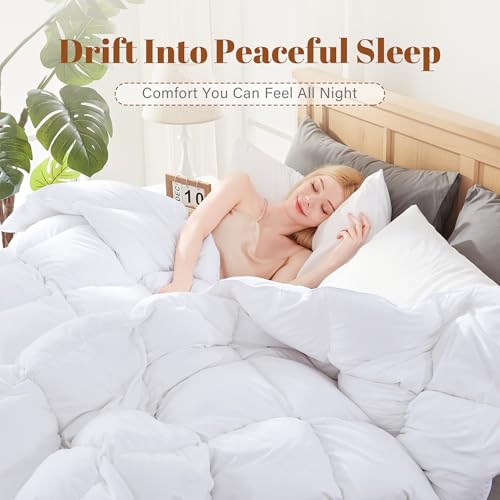 Feather and Down Comforter Insert Queen Size, 100% Cotton Cover, All Season White Down Feather Duvet Insert, Fluffy Soft Hotel Luxury Bedding for Bedroom, 90 x 90 Inches Cosybay