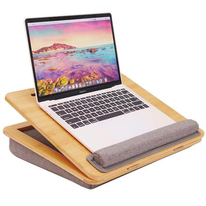 Laptop Desk, Angle Adjustable Lap Desk with Cushion, COIWAI Laptop Stand with Tablet Phone Holder, Portable Table Bed Tray, Bamboo Lapdesk for Laptop, Home Office Couch Notebook Book Bamboo - WoodArtSupply