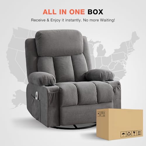 BOSMILLER Swivel Rocker Recliner Chair with Vibration Massage and Lumbar Heating Ergonomic Lounge Chair for Living Room with Rocking Function and Side Pocket, 2 Cup Holders, USB Charge Port