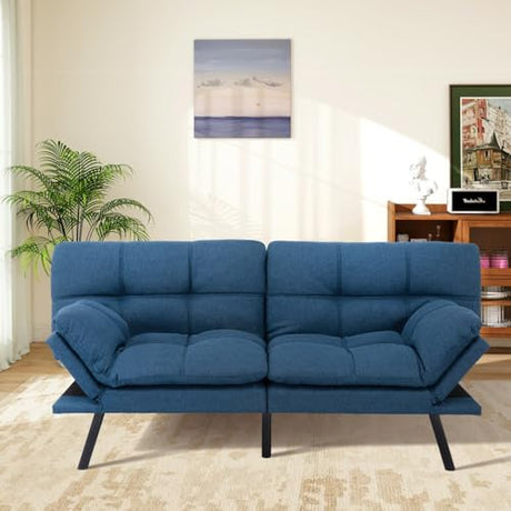 MUUEGM Futon Sofa Bed Memory Foam Navy Blue Futons Modern Office Couch Sleeper Bed Convertible Love seat Sofa for Small Spaces,Apartment,Office with Adjustable Armrest Backrest MUUEGM